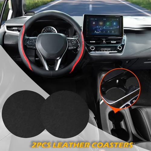 Steering Wheel Cover Black Red, Carbon Fiber Car Steering Wheel Covers with Coasters Universal 14.5-15 inch Leather Microfiber Breathable Anti-Slip Steering Wheel Accessories Set - color: Red, size: Medium