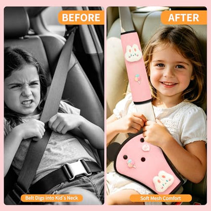 Cute Bunny Seat Belt Cover Pads for Kids – Soft Mesh Seatbelt Cushion, Shoulder & Belly Protector, 2-Piece Set - color: Bunny(pink)