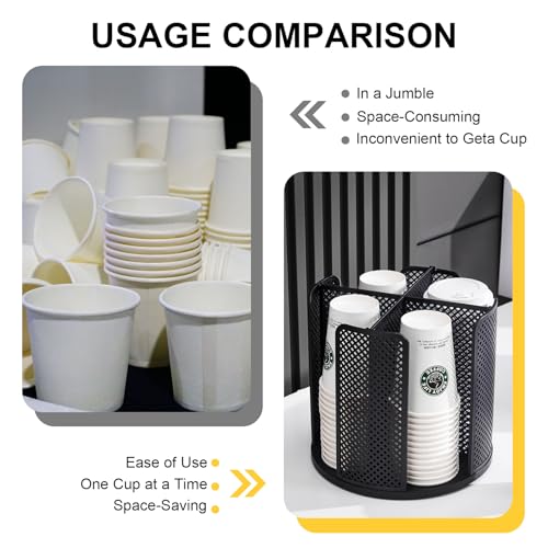 Coffee Cup Dispenser,360°Rotating Paper Cup Dispenser,Cup Holder with 4 Compartments Removable,Cup Dispenser Countertop,Disposable Paper & Plastic Cups,for Restaurant,Coffee Station,Bar,Office - color: Black