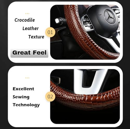 Luxury Crocodile Texture Glossy Leather Car Steering Wheel Cover, New Universal 15 Inch Vehicle Steering Wheel Cover for Cars, Trucks, Suvs, Pickups Interior Accessories (Gray) - color: Gray