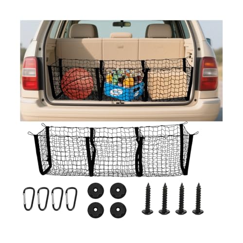Mandark Car Cargo Net, Highly Elastic 3 Pocket Truck Bed Organizer Mesh with 4 Metal Hook Buckles & Screws, Auto Storage Netting Accessories, Universal for SUV Sedan Pickup (43.31" x 15.75" x 15.75") - size: 43.31 x 15.75 x 15.75 inches
