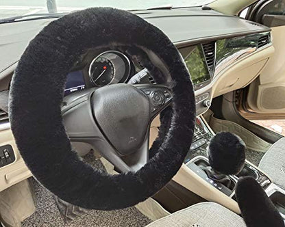 Winter Warm Fluffy Furry Fuzzy Car Steering Wheel Cover,Universal Fit Thickening Faux Rabbit Fur Plush Steering Covers+Gear Shift Cover and+Brake cover-3pcs Set (Black)
