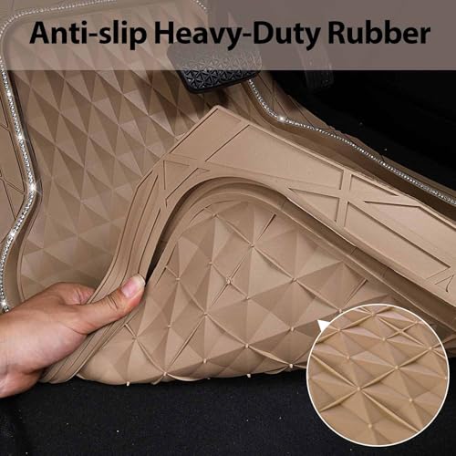 CAR PASS Bling Diamond Rubber Car Mats, Heavy Duty Deep Dish All-Weather Floor Mat Full Set Anti-Slip 3D Rhombus Waterproof Trim Fit Liner Universal Glitter Sparkly Shining Rhinestone, Beige Rubber - color: Beige Diamond