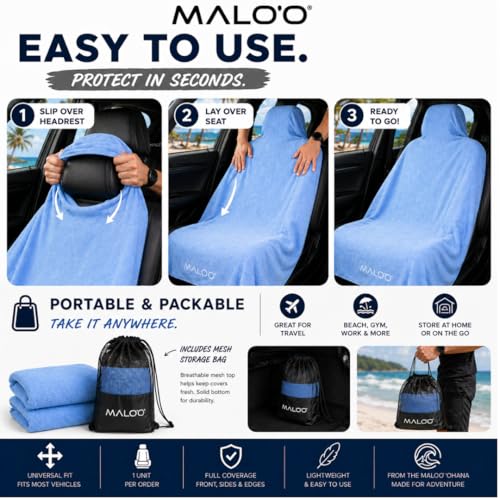 Malo’o SeatGuard Seat Cover – Microfiber Towel or Premium Terry Cloth w/Nylon Backing – Universal Car Seat Protector for Beach, Gym, Surf, Pets & Travel – Quick Dry, Machine Washable
