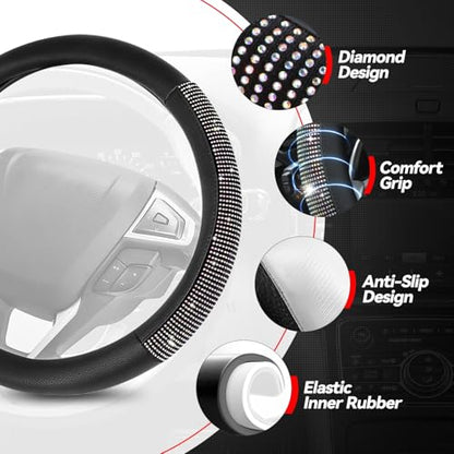 Auto Dynasty Diamond Steering Wheel Cover, Leather Car Steering Wheel Protector with Cystal Diamond Contrast Design, Anti-Slip Inner Rubber Lining, [14 1/2 to 15 Inches] Universal Fit Car Truck SUV - color: Contrast Diamond