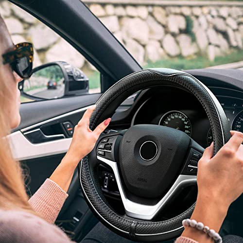 Rueesh Microfiber Leather Steering Wheel Cover Anti-Slip Matte Finish Auto Car Wheel Cover Universal 15 Inch Wheel Cover for Car Embossing Pattern (M (14.5"-15" Diameter), White Line) - color: White
