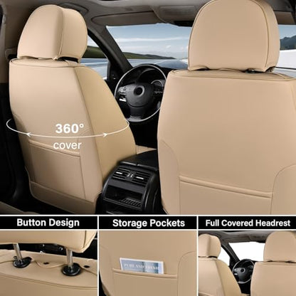 Coverado Seat Covers, Car Seat Covers Front Seats, Waterproof Nappa Leather Auto Seat Cover with Lumbar Head Pillow, Beige Seat Covers Carseat Cover Universal Fit for Most Cars - color: Beige（Pillow）, size: Front