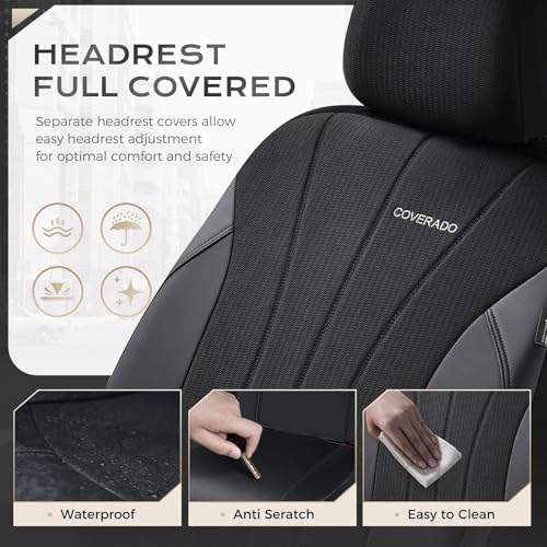 Coverado Car Seat Covers Full Set, Automotive Seat Covers 5-piece, Leather Car Protectors 5 Seats, Black Auto Seat Covers Spill-Proof Design Universal Fit for SUV, Vans, Sedan, Truck