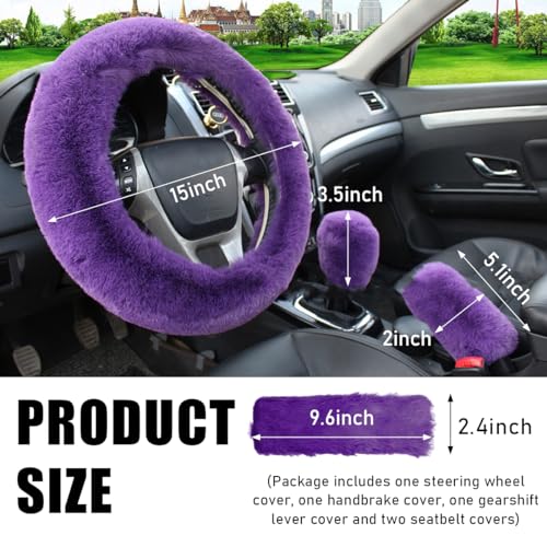 5 PCS Fluffy Steering Wheel Covers Set, Faux Wool Steering Wheel Cover & Handbrake Cover & Gear Shift Cover & 2 Seat Belt Shoulder Pads, Universal Car Accessories (Purple) - color: Purple