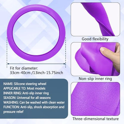 Car Steering Wheel Cover, 13 to 14.17 inches Non-Slip Silicone Steering Wheel Protector, Car Accessories Thin Soft Leather Texture Steering Wheel Protective Cover for Most Cars (Purple) - color: Purple