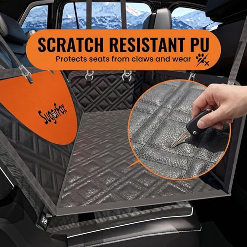 SugarFox Dog Car Seat Cover for Back Seat - Upgraded PU Leather Dog Hammock, 400lbs Hard Bottom Backseat Pet Cover, Waterproof Anti-Scratch + Pet Safety Belt (BLACK-60“x20”) - color: 01-BLACK, size: XL