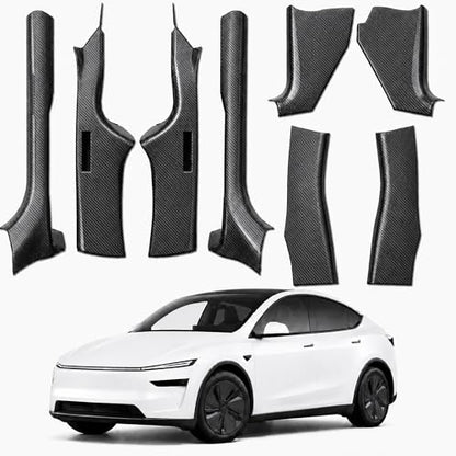 8PCS Door Sill Protector for Tesla Model Y Juniper 2025 2026, Carbon Fiber Texture Door Entry Guard Covers, Anti-Kick Anti-Scuff Full Coverage Threshold Trim, ABS Interior Accessories, Front & Rear