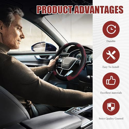 Car Steering Wheel Cover, Steering Wheel Protector, Universal 14.5-15 Inch Microfiber Leather Breathable Auto Steering Wheel Covers, Carbon Fiber Steering Wheel Cover for Women Men (Wine) - color: Wine red