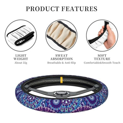 Boho Purple Flower Neoprene Steering Wheel Cover for Men Women Anti-Slip Elastic Steering Wheel Protective Cover 15in Universal Car Accessories Fit Cars, SUVs, Auto - color: Boho Purple Flower