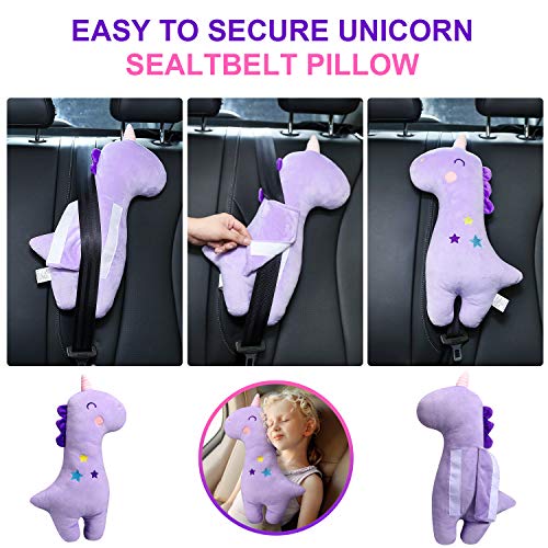 Farochy Unicorn Seat Belt Pillow Kids Unicorn Seat Belt Cover, Car Pillow for Kids, Vehicle Shoulder Pads, Seatbelt Strap Pillows Children, Animal Travel Pillow (Purple)