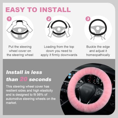 5PCS Fluffy Car Steering Wheel Cover Set, Includes Faux Fur Gear Shift Cover & Handbrake Cover & Steering Wheel Protector & 2 Seat Belt Shoulder Pads, Winter Fuzzy Warm Car Accessories (Pink) - color: Pink