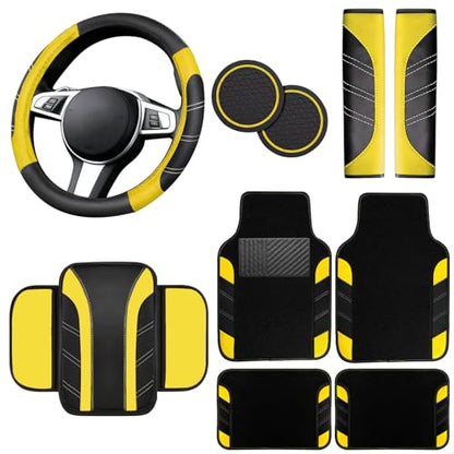 NBTEPEM 10 Pcs Car Floor Mats Full Set & Sport Leather Steering Wheel Cover 14.5-15 inch, Center Console Cover, Seat Belt Cushion, Cup Holder Coaster, Universal Automobile Interior Sets (Yellow)