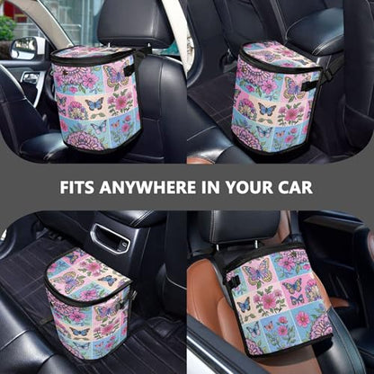 MNSRUU Car Trash Can with Lid, Flowers Butterflies Spring Car Trash Bag Hanging Organizers and Storage for Front Back Seat, Leak-Proof Trash Bin - color: Butterflies A17685