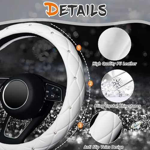 KAFEEK Diamond Soft Leather Steering Wheel Cover with Bling Bling Crystal Rhinestones, Universal 15 inch, Pure White - color: White, size: Medium(Standard) Size[14.5"-15"]