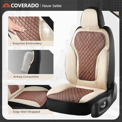 Coverado Front Seat Covers, Luxury Diamond Leather Car Seat Cover with Carbon Fiber Weave, Waterproof Car Seat Cover Driver Seat Cover Spill-Proof Design Universal Fit for Most Cars, Beige&Brown - color: BeigeBrown, size: Front