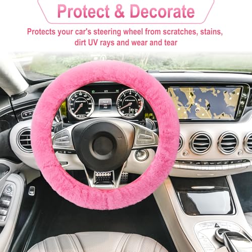 3 PCS Fluffy Steering Wheel Cover Set, 15'' Furry Car Wheel Cover, 2 Seat Belt Shoulder Pads, Anti-Slip Fur Steering Wheel Cover, Winter Warm Fluffy Car Accessories for Women, Pink - color: pink