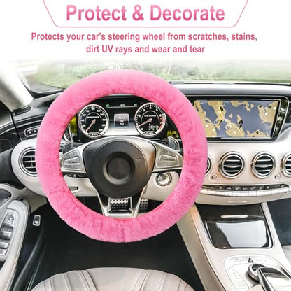 3 PCS Fluffy Steering Wheel Cover Set, 15'' Furry Car Wheel Cover, 2 Seat Belt Shoulder Pads, Anti-Slip Fur Steering Wheel Cover, Winter Warm Fluffy Car Accessories for Women, Pink - color: pink