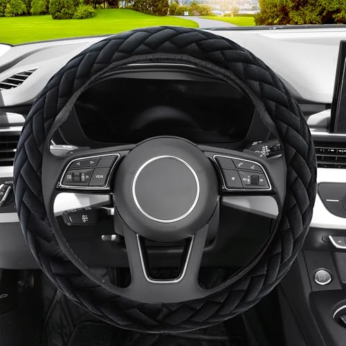 Soft Velvet Steering Wheel Cover Cute Hands Warm Fuzzy, Universal 15 Inch for Women Girls, Fit Vehicles, Sedans, SUVs, Vans, Trucks - Black