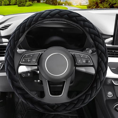 Soft Velvet Steering Wheel Cover Cute Hands Warm Fuzzy, Universal 15 Inch for Women Girls, Fit Vehicles, Sedans, SUVs, Vans, Trucks - Black