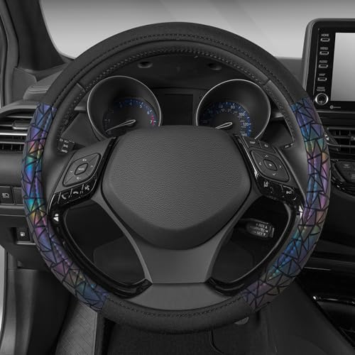 BDK Geometric Prism Sparkle Glitter Steering Wheel Cover - Car Steering Wheel Cover for Women with Shiny Holo Bling Accents, Fits Most Car Truck Van SUV Wheel Sizes 14.5 to 15 inch - color: Geometric Prism