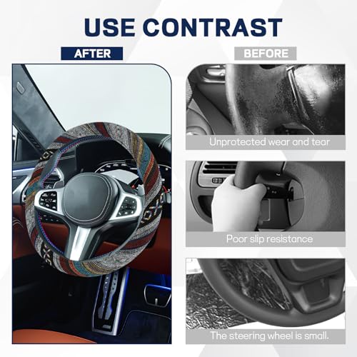 Boho Car Steering Wheel Cover, Ethnic Style Steering Wheel Covers Protector, Bohemian Anti-Slip Breathable Linen Auto Wheels Cover Fits 15 Inch, Universal Interior Car Accessories (Style D) - color: Style D