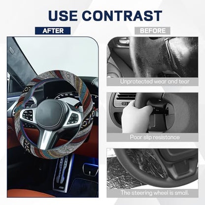 Boho Car Steering Wheel Cover, Ethnic Style Steering Wheel Covers Protector, Bohemian Anti-Slip Breathable Linen Auto Wheels Cover Fits 15 Inch, Universal Interior Car Accessories (Style D) - color: Style D