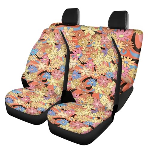 FUSURIRE Automotive Seat Covers Full Set of 4 Pcs, Colorful Daisy Wavey Print Front Seat Cover and Rear Bench Cover, Novelty Car Accessories Universal Fit - color: Colorful Daisy Wavey Print
