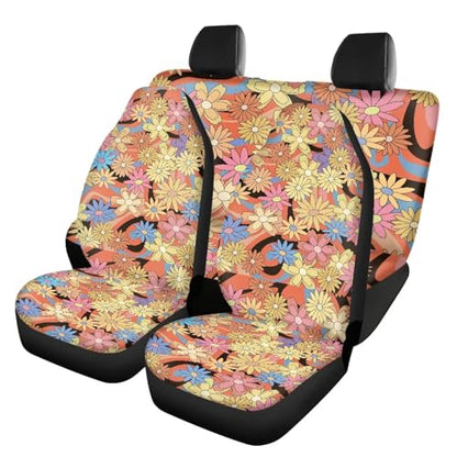 FUSURIRE Automotive Seat Covers Full Set of 4 Pcs, Colorful Daisy Wavey Print Front Seat Cover and Rear Bench Cover, Novelty Car Accessories Universal Fit - color: Colorful Daisy Wavey Print