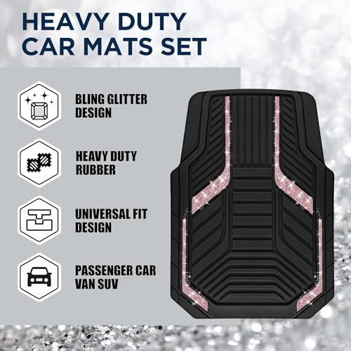 PIC AUTO Car Floor Mats, Pink Sparkly Crystal Bling Glitter Car Mats Set, Front and Rear Heavy Duty Rubber Car Mats with Anti-Slip Backing, All Weather, Trim-to-Fit for SUVs, Trucks, Sedan, Vans - color: Pink Glitter