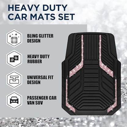 PIC AUTO Car Floor Mats, Pink Sparkly Crystal Bling Glitter Car Mats Set, Front and Rear Heavy Duty Rubber Car Mats with Anti-Slip Backing, All Weather, Trim-to-Fit for SUVs, Trucks, Sedan, Vans - color: Pink Glitter