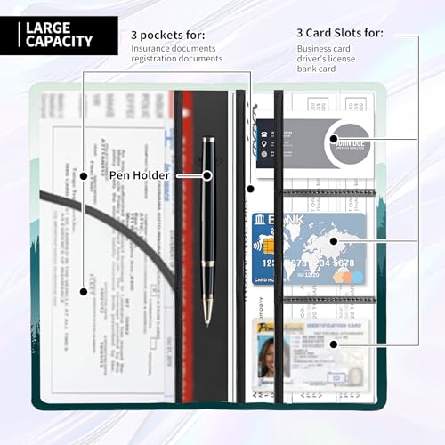 Leather Car Registration and Insurance Card Holder, Cute Car Accessories Vehicle Glove Box Car Organizer for Documents, Cards, License Beautiful Blue Mountain - color: Beautiful Blue Mountain