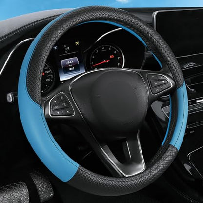 Leather Patchwork Black Blue Steering Wheel Cover, 14.5-15 Inch Non-Slip Breathable Microfiber Car Steering Wheel Protector - color: Leather Patchwork - Black Blue