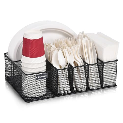 Paper Plate Organizer for Countertop, Metal Silverware Caddy with 6 Compartments for Cup, Napkin, Utensil Holder Caddy for Party, Camping, Picnic