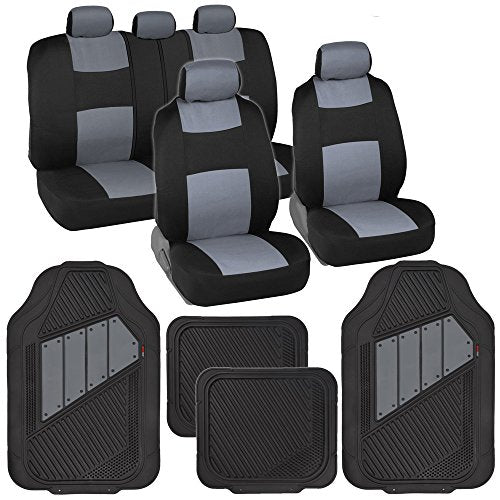 BDK PolyPro Black & Grey Car Seat Covers Full Set with Motor-Trend FlexTough All Weather Rubber Car Floor Mats - Front & Rear Split Bench Seat Covers for Cars & Matching Floor Mats for Car Interior - color: Black & Grey