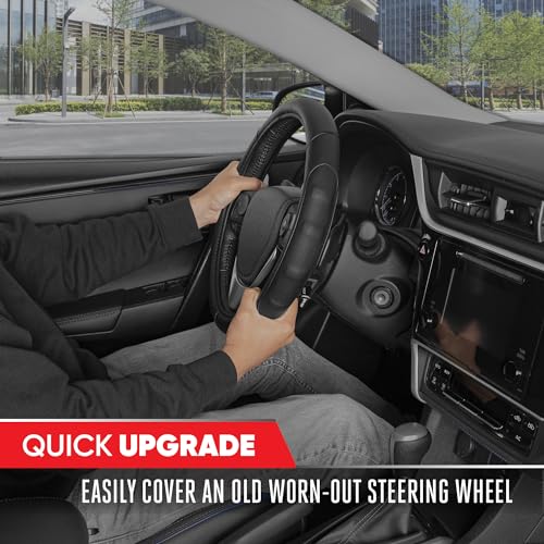 Motor Trend GripDrive Faux Black Leather Steering Wheel Cover for Car Truck Van SUV, Small 14 inch Size, Solid Black Stitched Car Steering Wheel Cover Vehicle & Auto Accessories