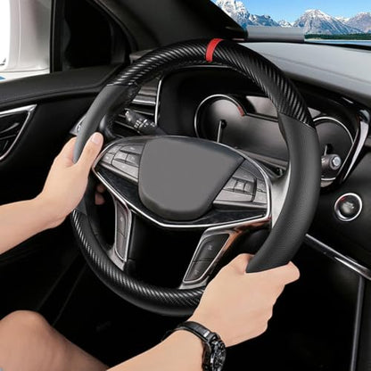 Black Carbon Fiber Leather Steering Wheel Cover, Microfiber Leather, Anti-Slip, Breathable, Universal Fit for 14.5–15 in Steering Wheel Cover for Men Women - color: Splicing Carbon Fiber - Black