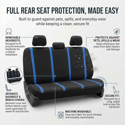 FH Group Car Seat Covers Unique Flat Cloth Full Set Automotive Seat Covers Front Set and Rear Solid Bench Blue Black Seat Covers w. Gift Universal Fit Interior Accessories for Cars Trucks and SUVs - color: Blue