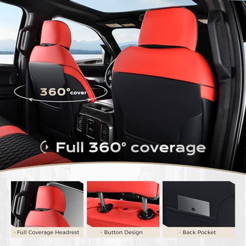 Coverado F250 Car Seat Covers Full Set, Leather Waterproof Automotive Seat Covers for Cars, SUVs, Pickup Trucks, Fits 2015-2026 F150 SuperCrew, 2017-2026 F250 F350 F450 Crew Cab, Red - color: Red, size: FullSet