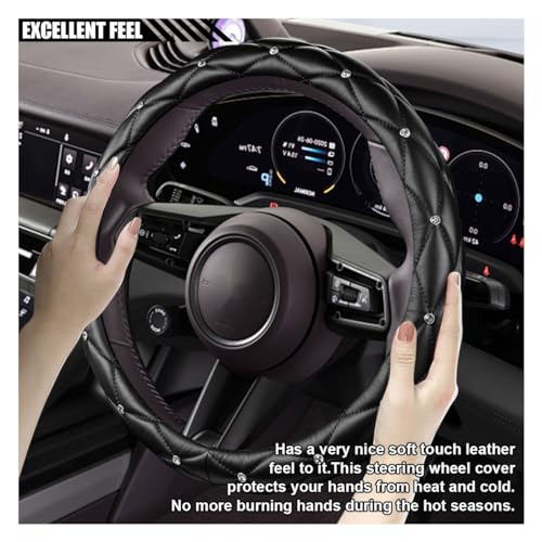 Diamond Soft Leather Bling Steering Wheel Cover, Universal Car Steering Wheel Protector with Crystal Rhinestones, 15 Inch Anti-Slip Interior Accessories for Women, Trucks, SUVs (Black)