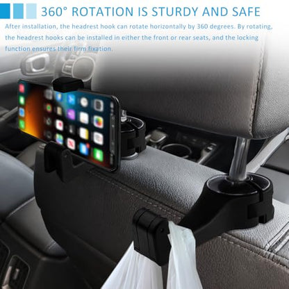 2PCS Car Headrest Hidden Hook, 2 in 1 Rear Headrest Hook with Phone Holder, 360° Rotation Storage Headrest Hanger, Universal Auto Organizer Hook for Purse Handbag Clothes Grocery (Gun Copper)