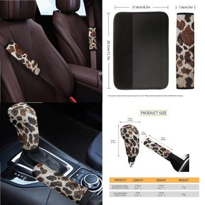 Wanyint Brown Black Cow Print 14 Pack Car Accessories Set, Universal Auto Seat & Steering Wheel Cover, Seatbelt Pad, Trash Can, Armrest & Cup Holders Rearview Mirror & Handbrake Cover Set - color: Brown Black Cow Print