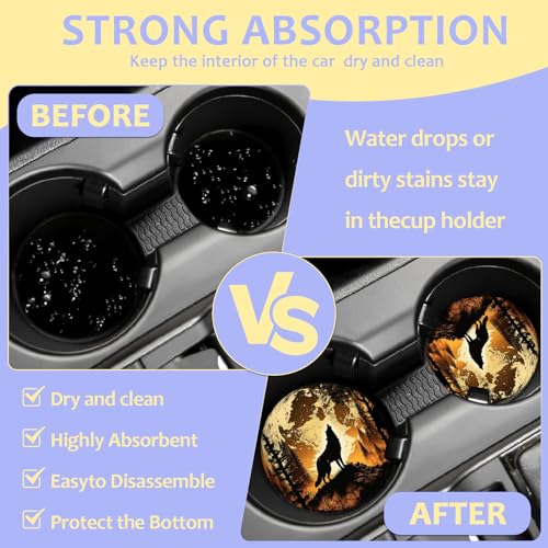 2 Pack Car Cup Holder Coaster-Wolf Full Moon Absorbent Ceramic Coaster,Forest Car Coasters for Cup Holders,Auto Accessories for Women & Men