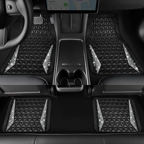 CAR PASS Bling Diamond Car Mats Rubber Floor Mats Full Set Anti-Slip 3D Rhombus Waterproof Trim to Fit Liner Universal Glitter Crystal Sparkly Shining Rhinestone Girl Women SUV Sedan Van, Black Silver - color: Silver Diamond