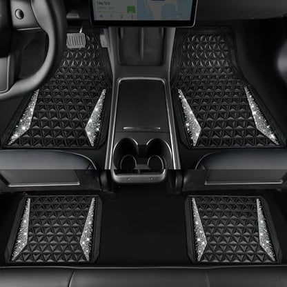 CAR PASS Bling Diamond Car Mats Rubber Floor Mats Full Set Anti-Slip 3D Rhombus Waterproof Trim to Fit Liner Universal Glitter Crystal Sparkly Shining Rhinestone Girl Women SUV Sedan Van, Black Silver - color: Silver Diamond