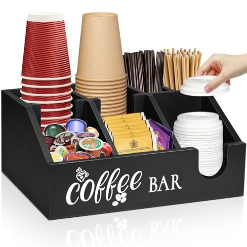 Coffee Station Organizer, Coffee Cup Holder for Counter, Wood Coffee Pod Holder Storage Basket, Tea Condiment Organizer for K Cup Sugar, Rustic Coffee Bar Decor for Coffee Accessories